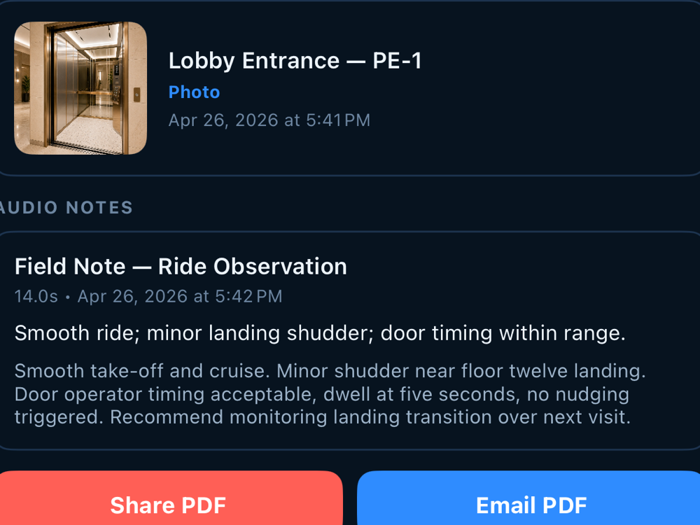 LiftIQ Field Meter saved test with audio notes and PDF export actions
